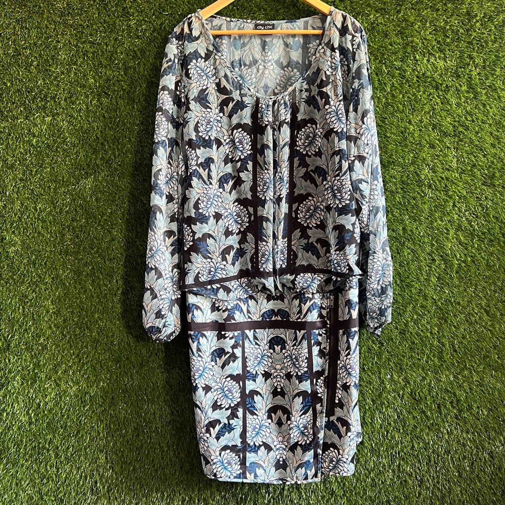 City Chic XXL 24 Blue Green Floral Mixed Media Dress NDD3 Plus Curvy